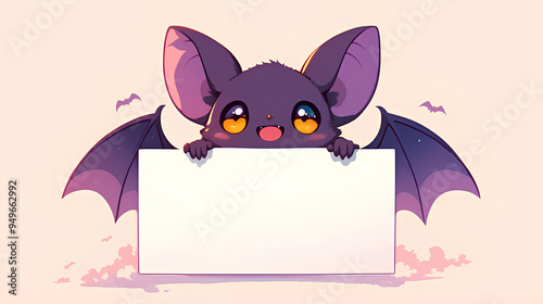 cute bat holding up a blank sign, colorful cartoon character, empty banner,, anime style, cute kawaii, simple, smiling happy. isolated background photo