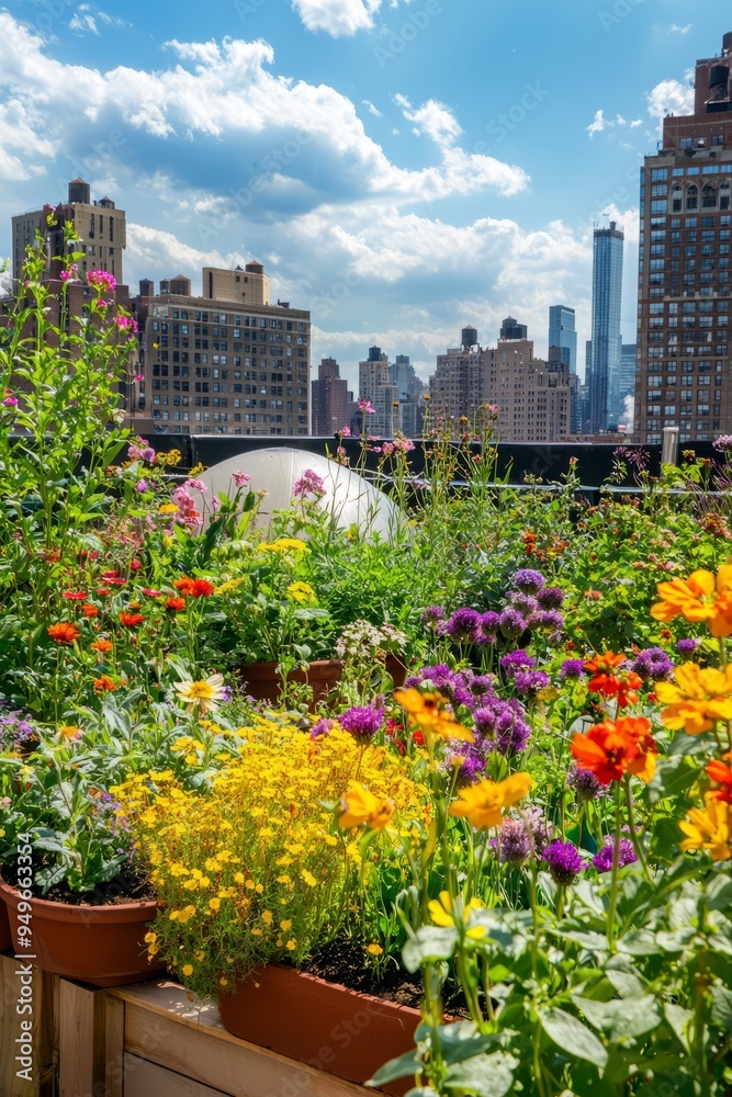 Rooftop garden featuring an array of colorful flowers and herbs. Cityscape visible from the garden, Generative AI Rooftop garden featuring an array of colorful flowers and herbs. Cityscape visible from the garden, Generative AI