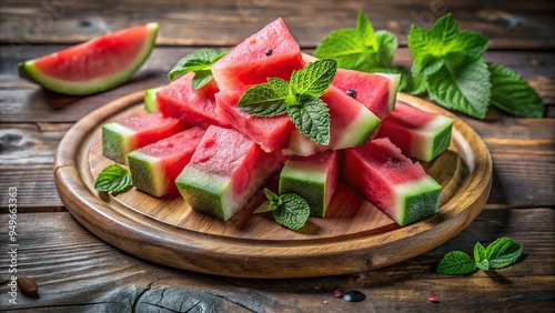 3. Freshly sliced deep pink watermelon chunks arranged artfully on a rustic wooden platter, surrounded by mint leaves, a realistic photo image. photo