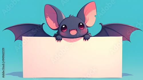 cute bat holding up a blank sign, colorful cartoon character, empty banner,, anime style, cute kawaii, simple, smiling happy. isolated background photo