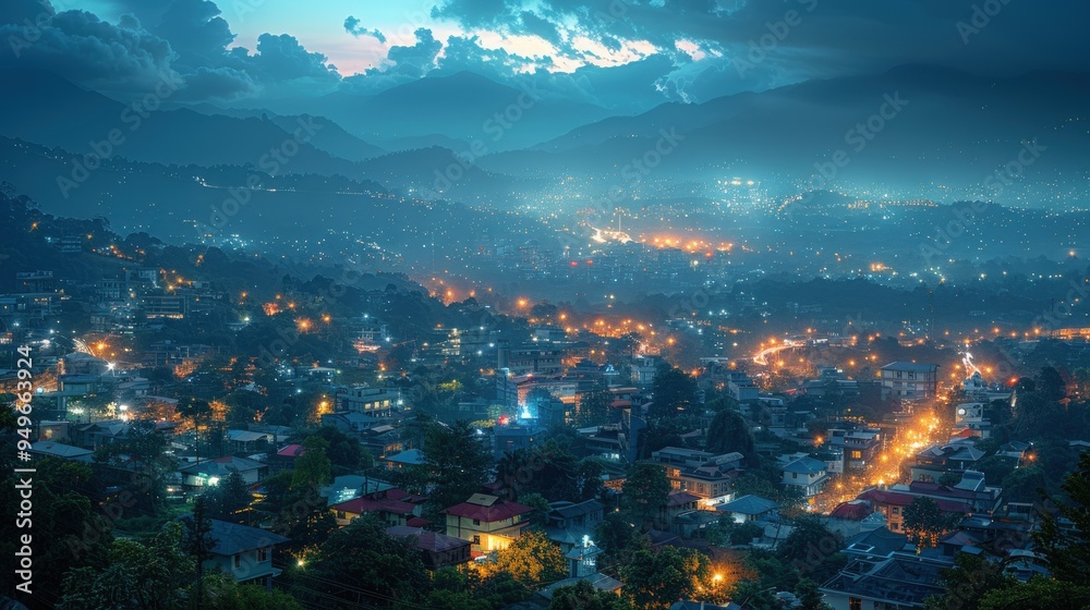 Obraz premium Night View of City Lights with Mountain Background.