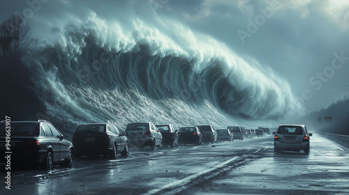 渋滞する高速道路を襲う大津波