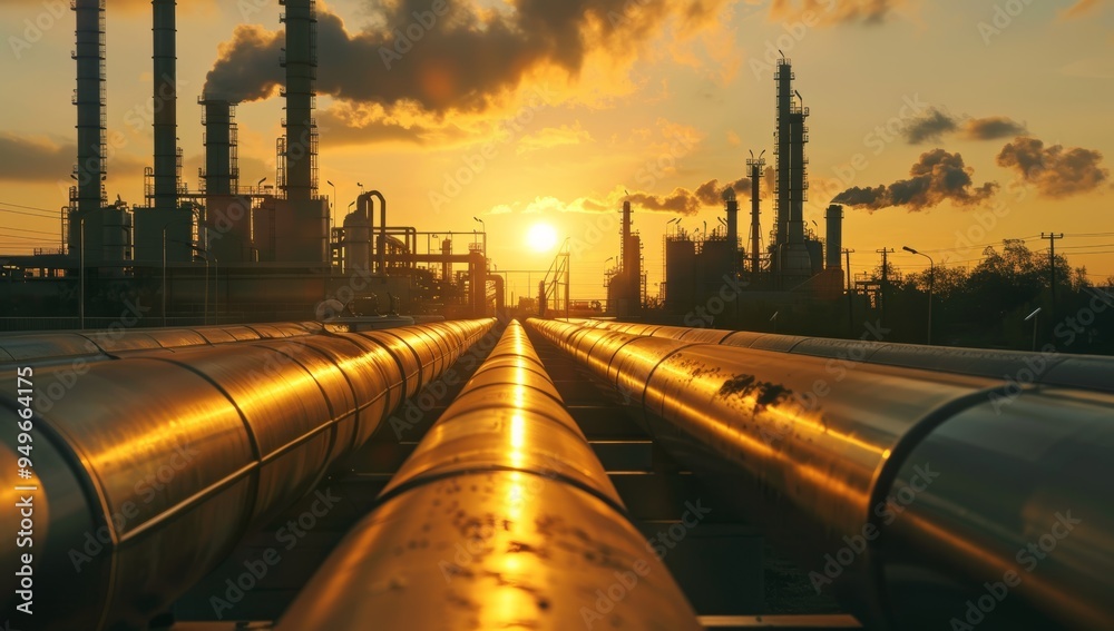 Sunset over Industrial Pipeline Network with Silhouetted Factory