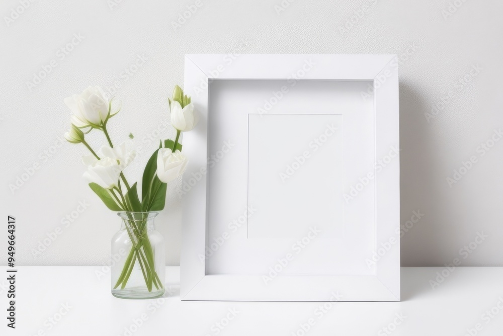 Blank white frame with a flower mockup Blank white frame with a flower mockup