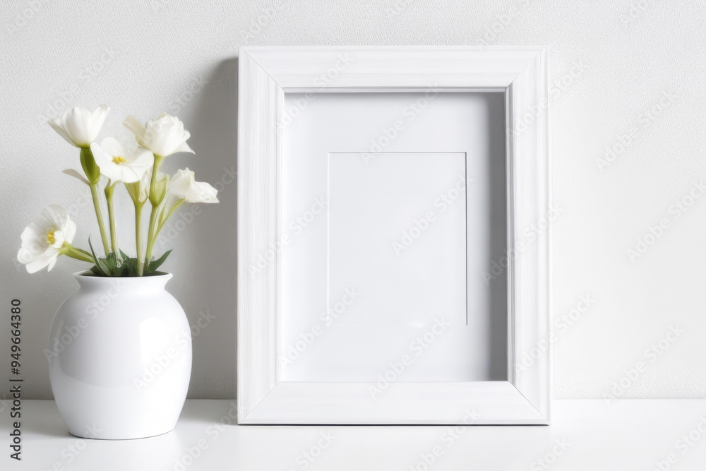 Blank white frame with a flower mockup Blank white frame with a flower mockup