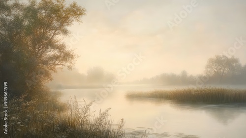 A serene landscape at dawn, with soft, muted colors and gentle mist creating a sense of peaceful reverie and quiet contemplation.