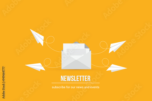Newsletter. vector illustration of email marketing. subscription to newsletter, news, offers, promotions. a letter and envelope. subscribe, submit. send by mail.	
