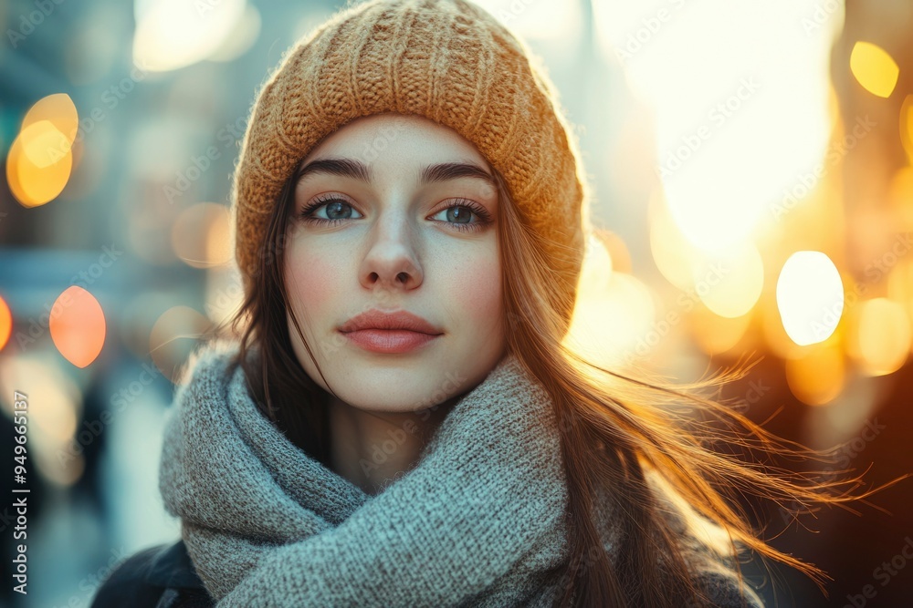 Woman in Knitted Hat and Scarf with Blurry City Lights Background
