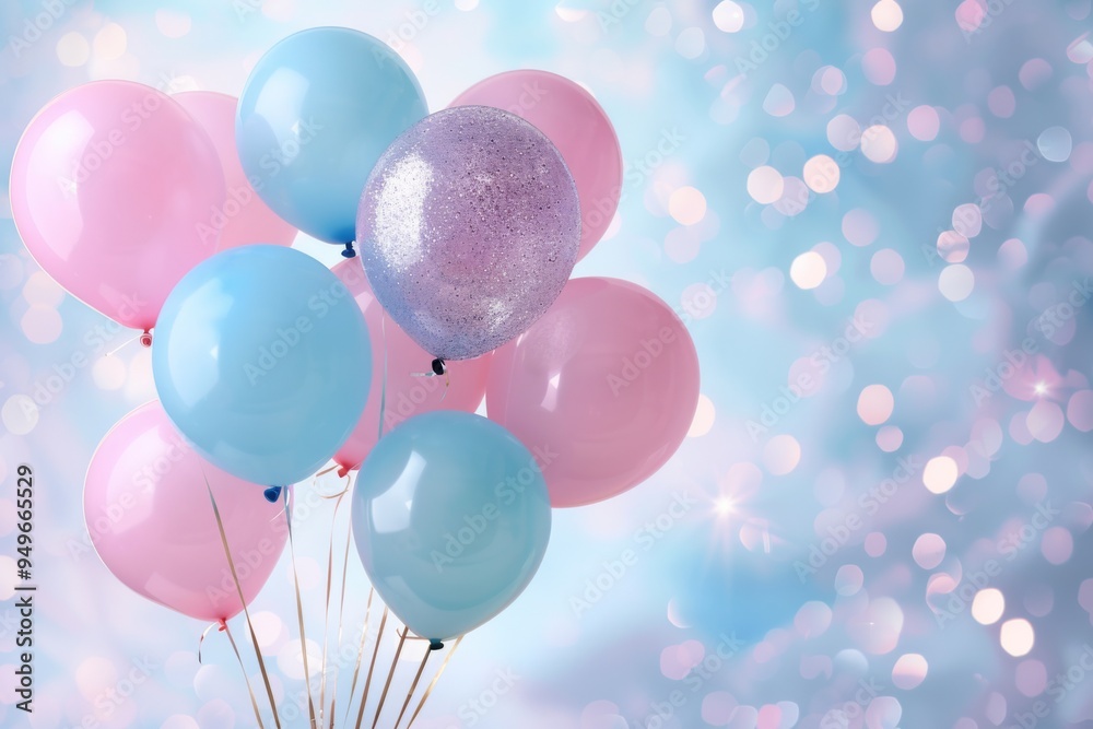 A cluster of pastel blue and pink balloons float against a sparkling, light blue background. A cluster of pastel blue and pink balloons float against a sparkling, light blue background.