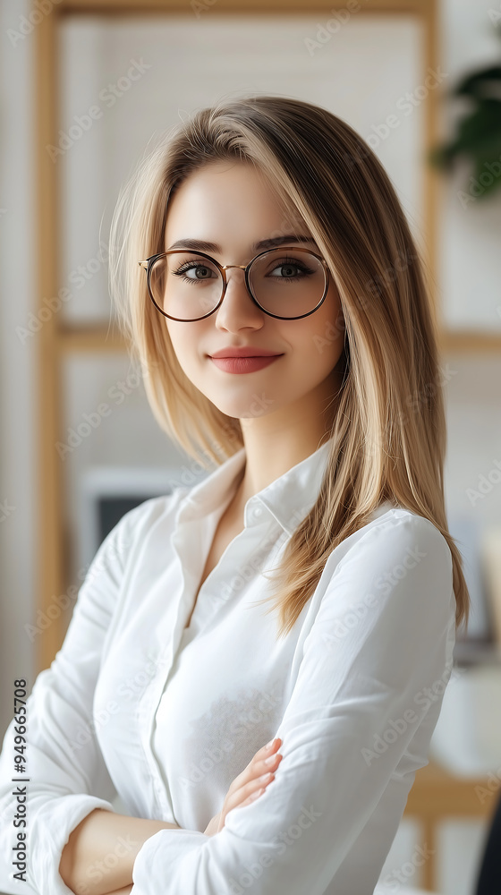 Portrait of a young, beautiful blonde woman in a white shirt and glasses, standing with her arms crossed and looking at the camera with a smile