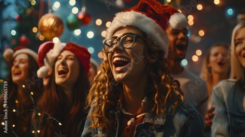 Friends Singing Christmas Karaoke Amid Festive Decorations and Holiday Lights - Perfect for Holiday Cards and Posters