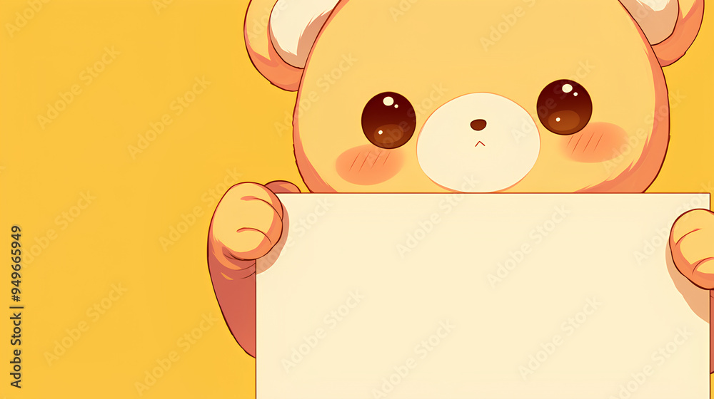 Fototapeta premium cute bear holding up a blank sign, colorful cartoon character, empty banner,, anime style, cute kawaii, simple, smiling happy. isolated background