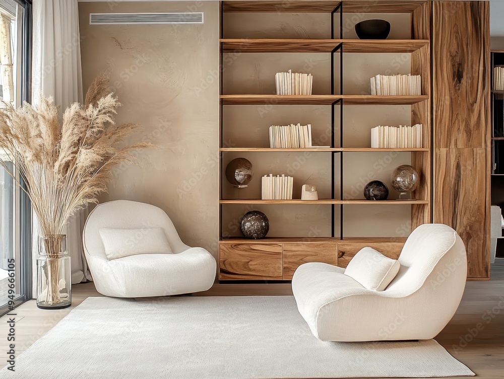 minimalist living room interior design, wooden bookcase with open ...