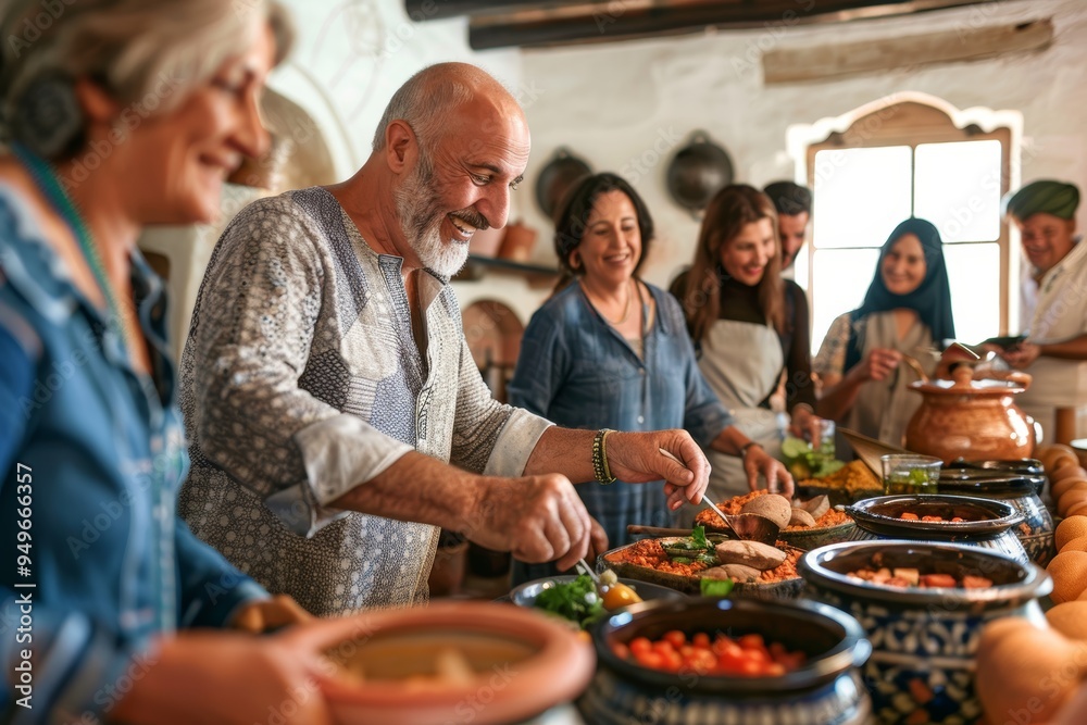 Middle Aged Friends Attend Moroccan Cooking Class Learning Traditional Dishes for Culinary Experience Middle Aged Friends Attend Moroccan Cooking Class Learning Traditional Dishes for Culinary Experience