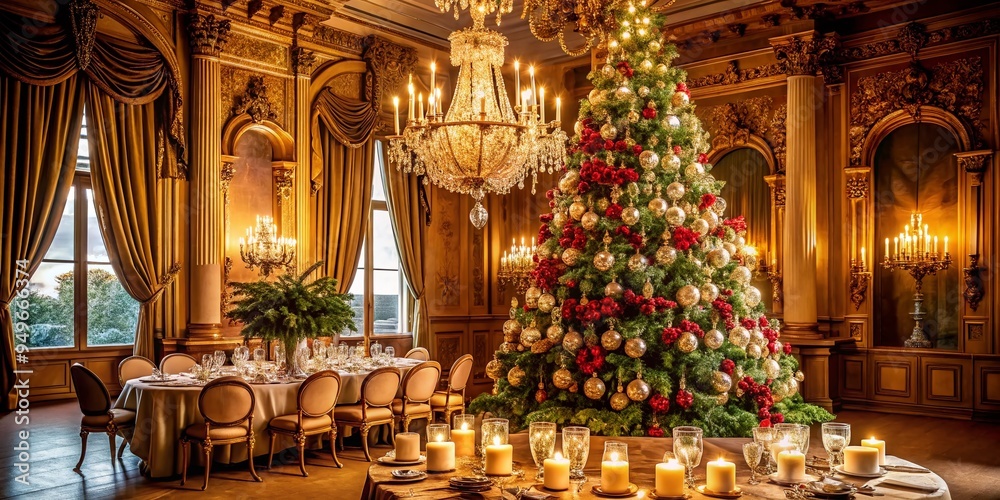 Obraz premium stunning transparent crystal christmas tree centerpiece amidst elegant candelabras and luxurious velvet drapes in an opulent gold ballroom