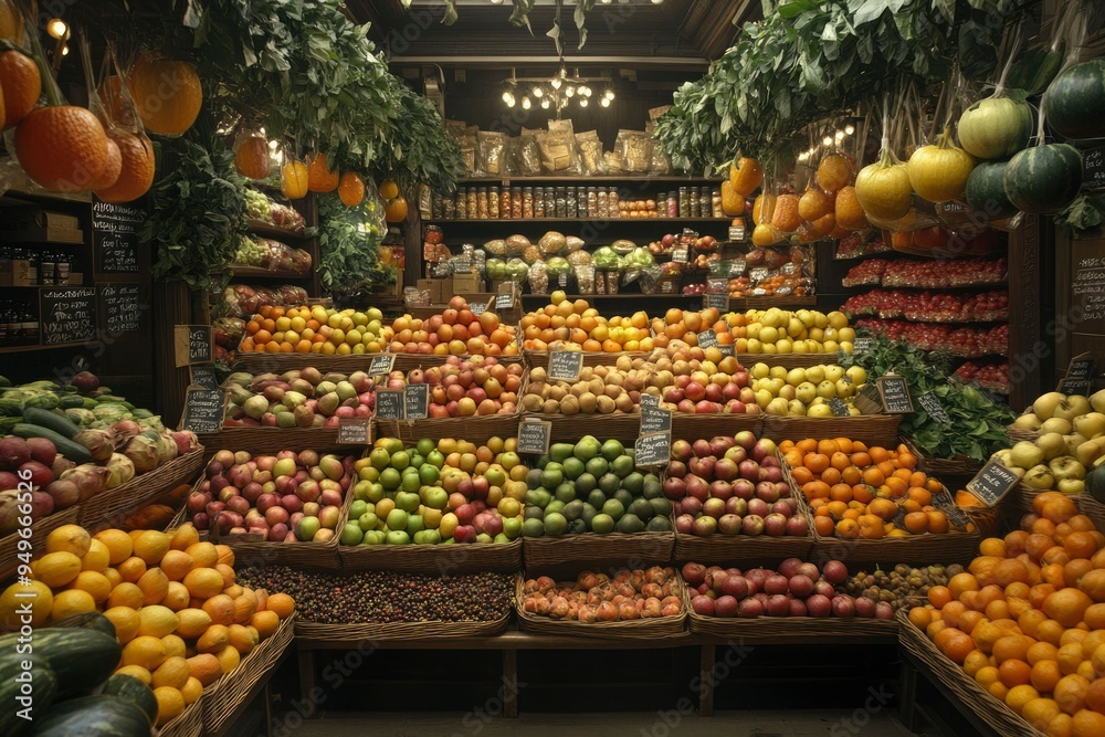 A Vibrant Fruit Display in a Traditional Market Stall A Vibrant Fruit Display in a Traditional Market Stall