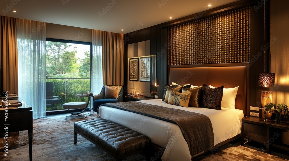 Fototapeta premium Cozy and stylish bedroom with luxurious decor, soft lighting, and a relaxing atmosphere, perfect for comfort and tranquility