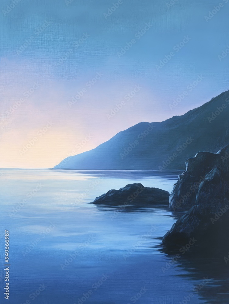 Fototapeta premium A tranquil seascape captured at dusk, showcasing the serene beauty of a coastline with gentle hills and a calm, reflective ocean. The scene evokes a sense of peace, tranquility, and the magic of twili