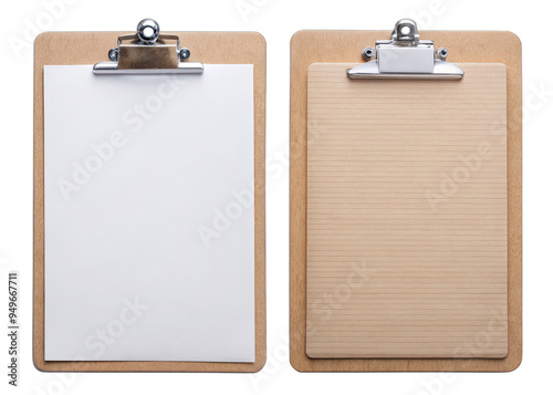 Two wooden clipboards with silver clips against a white background. One has blank paper, the other has lined paper. Both are vertical with light wood finish