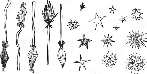 Vector set of hand drawn magic items flying broom and stars. Occult theme halloween clip art witch magic symbols. Line drawing minimalistic black outline ink style engraving graphics primitive flat	