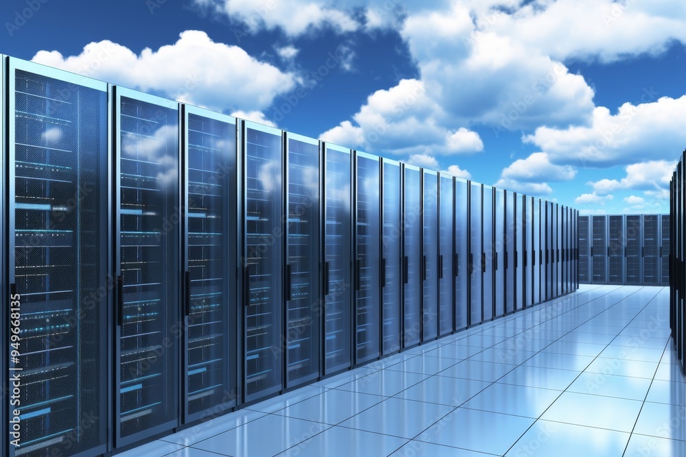 Fototapeta premium Server Room Interior: Data Center with Rows of Servers