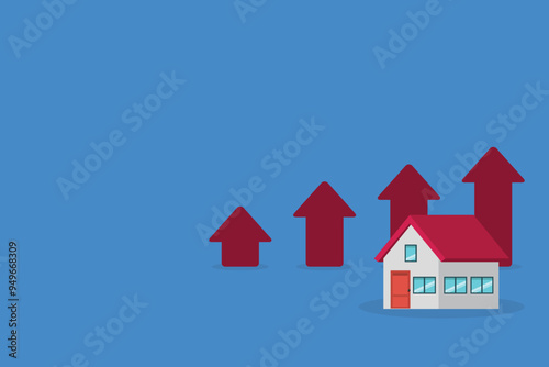Arrows rise up above the house. The concept of growth in demand for real estate. Increase in the value of property, vector illustration	