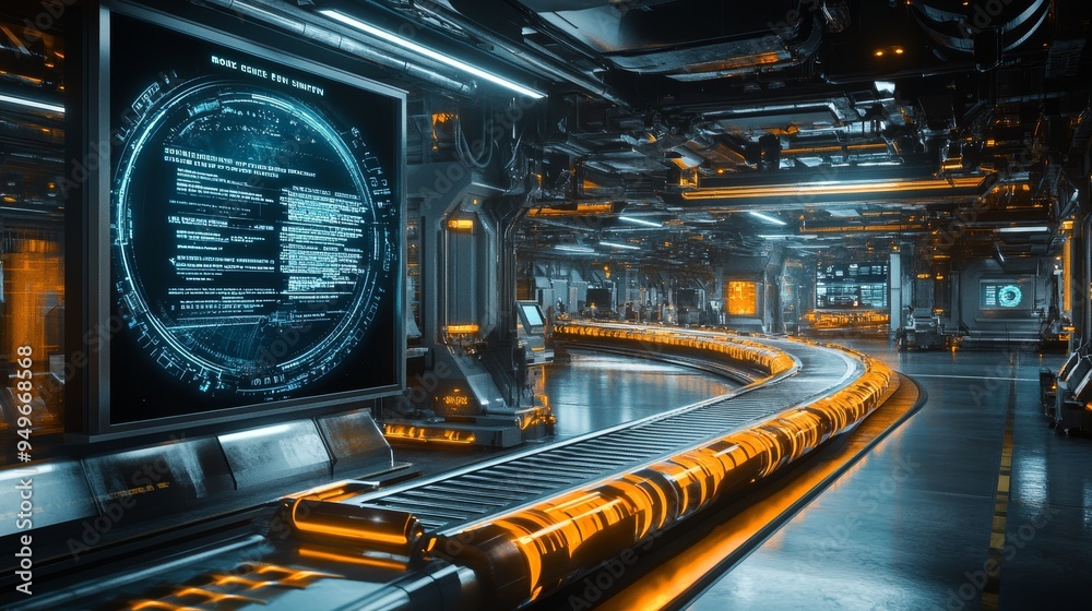 Aerial view of a baggage claim area in a space station, with gravity-defying conveyor belts floating in a sci-fi environment, holographic screens displaying destinations, 3D render, sci-fi Aerial view of a baggage claim area in a space station, with gravity-defying conveyor belts floating in a sci-fi environment, holographic screens displaying destinations, 3D render, sci-fi