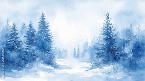 A serene winter landscape featuring blue toned trees and snowy path, evoking peaceful and tranquil atmosphere.