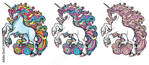 Set unicorn different color options Clipart design children products coloring books realistic flat drawing mane in rainbow colors fairy-tale animal isolated on white horse pink violet peach pony line