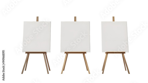 Three blank canvases on easels in a white room with natural light. photo