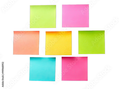 Seven sticky notes in various colors are arranged in a pattern against a white background