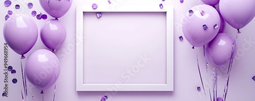 Minimalist birthday theme with a white square frame, pastel purple balloons, and confetti, creating a simple look.