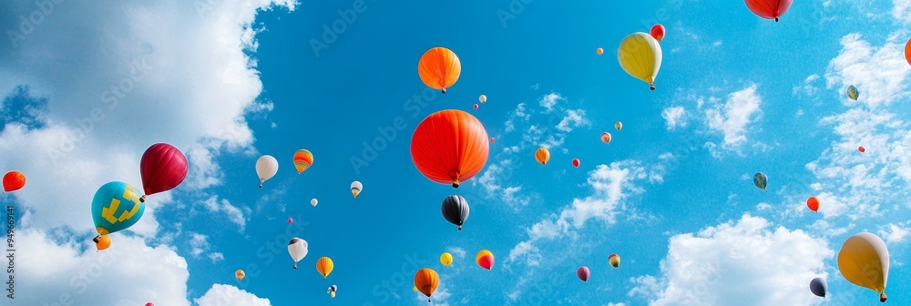 A vibrant scene of numerous hot air balloons of various colors floating gracefully against a clear blue sky, adorned with fluffy white clouds. These balloons symbolize freedom, adventure, and the purs A vibrant scene of numerous hot air balloons of various colors floating gracefully against a clear blue sky, adorned with fluffy white clouds. These balloons symbolize freedom, adventure, and the purs