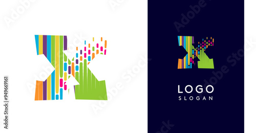 Colorful stripes transitioning into pixel-like elements fat logo template, letter X, abstract equalizer logotype for tech, creative studio, media, digital branding. Vector illustration