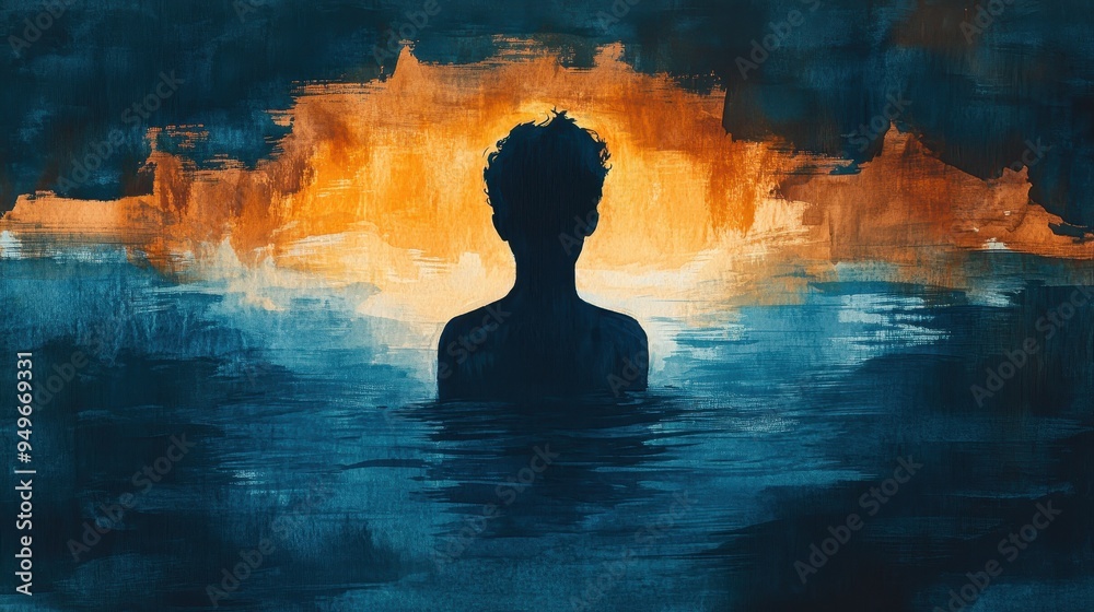 Fototapeta premium A silhouette of person in water, surrounded by vibrant colors of orange and blue, evokes sense of tranquility and introspection.