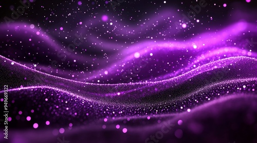 Digital purple particles wave and light abstract background with shining dots stars.