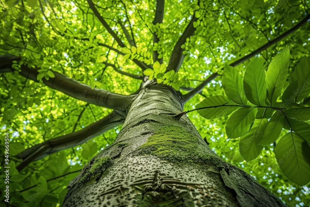 Fototapeta premium Beech Tree: Bottom View of Fresh Green Foliage in Spring Forest