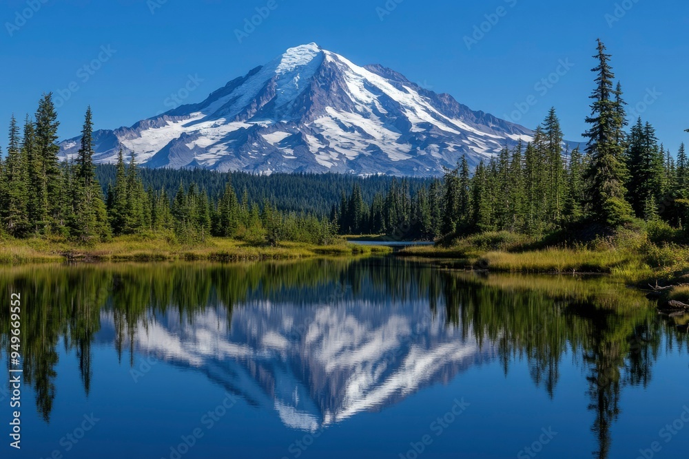 Snow-capped mountain reflected in a still lake Snow-capped mountain reflected in a still lake