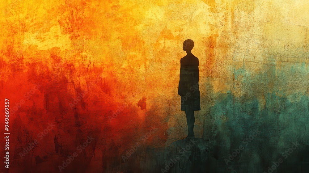 A silhouette stands against vibrant, abstract background of orange and teal hues, evoking sense of contemplation and introspection.