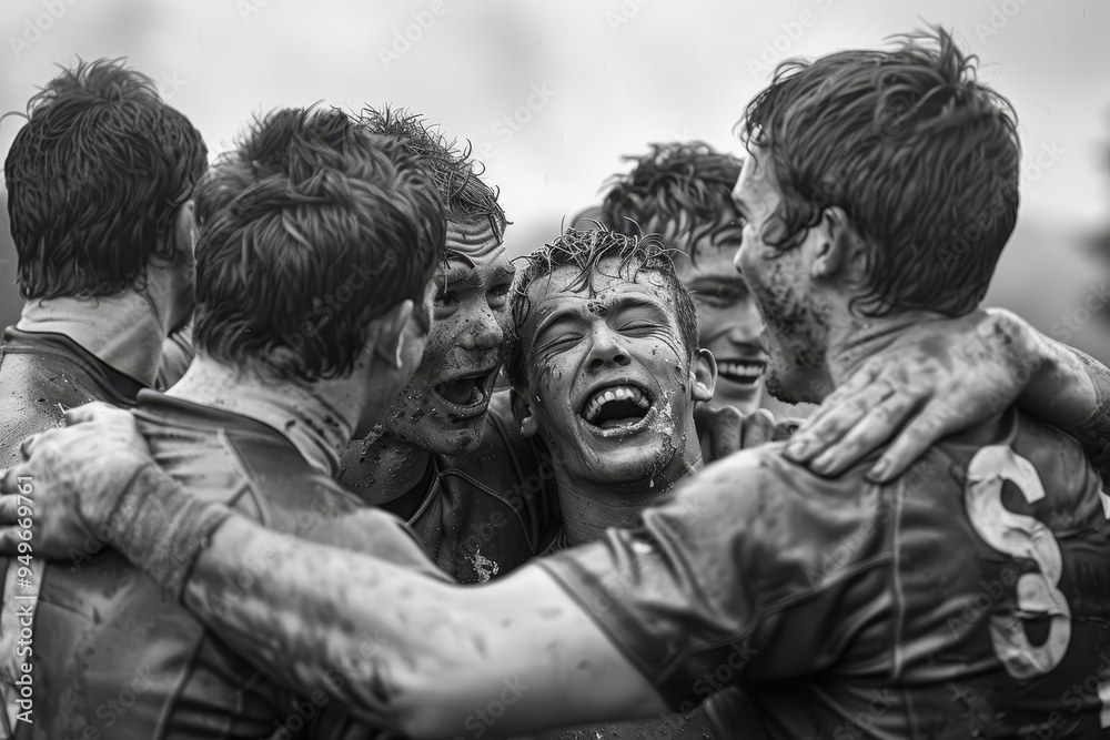 A group of men standing together on a field, displaying camaraderie and sportsmanship, The camaraderie and sportsmanship between competitors after a hard-fought match A group of men standing together on a field, displaying camaraderie and sportsmanship, The camaraderie and sportsmanship between competitors after a hard-fought match