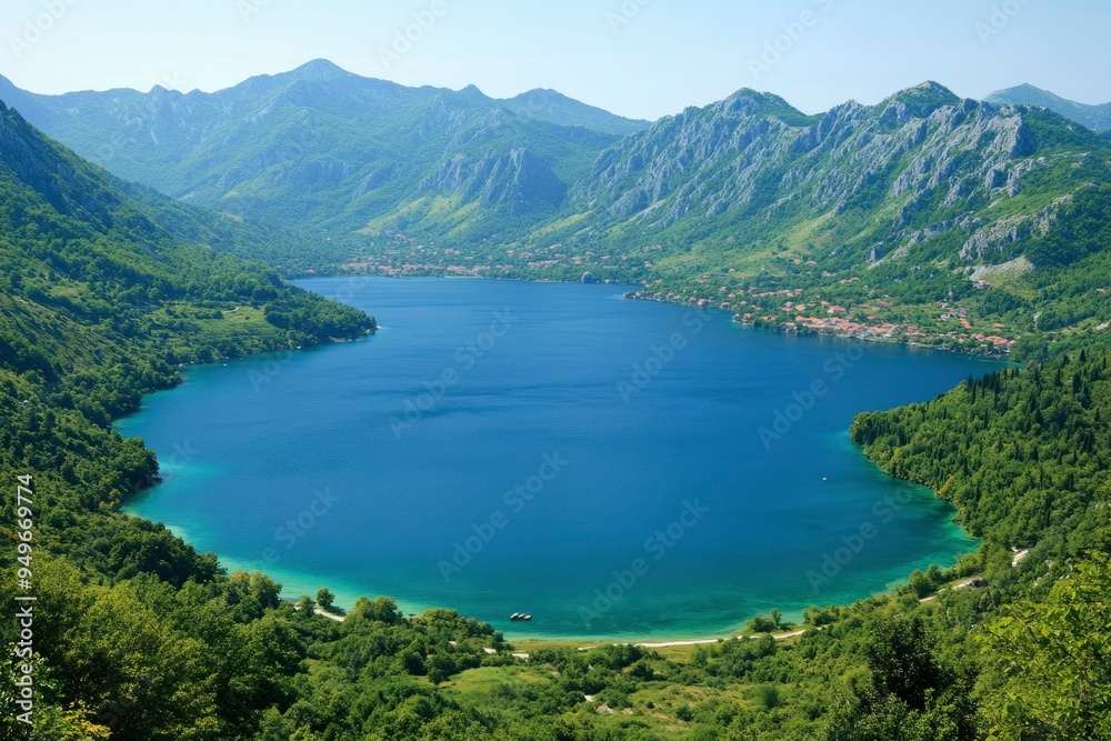 A Serene Blue Lake Nestled Amidst Lush Green Mountains A Serene Blue Lake Nestled Amidst Lush Green Mountains