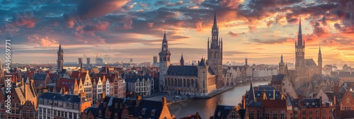 Belgium Attractions: Medieval Gent Town Sunset View, Landmark Cityscape for Travelers