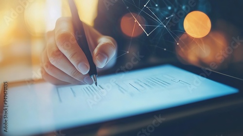 A close-up of a digital insurance contract being signed electronically on a tablet. copy space for text.