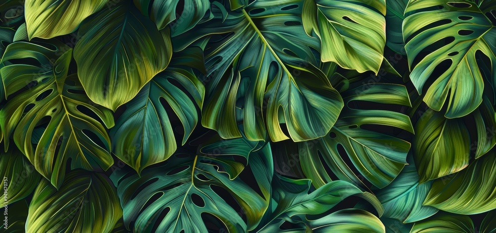 Overlapping tropical monstera leaves with detailed textures and light reflections, creating a lush, vibrant jungle atmosphere. Overlapping tropical monstera leaves with detailed textures and light reflections, creating a lush, vibrant jungle atmosphere.