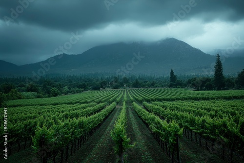 Vineyard Rows Under Stormy Skies