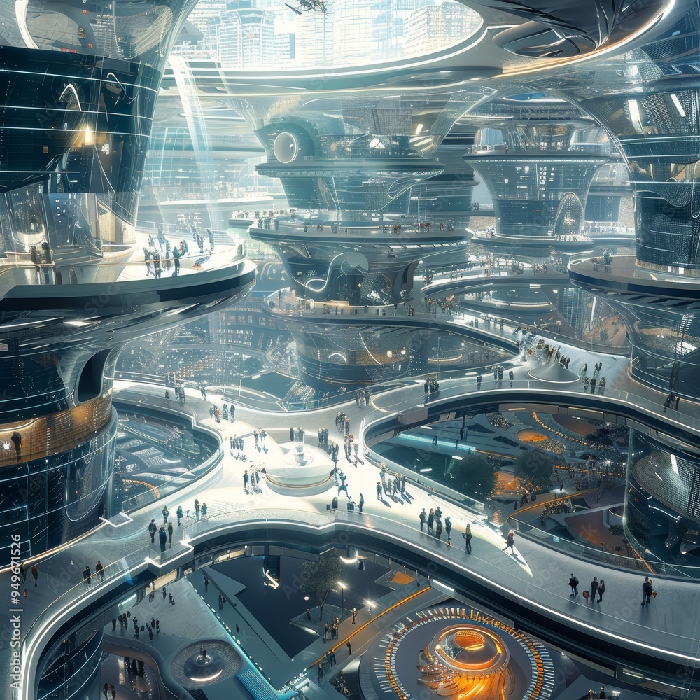 A futuristic city filled with tall buildings and bustling activity, The central hub of a futuristic city, buzzing with activity and advanced technology