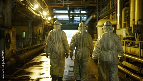 Three Hazmat Workers Walking Through Industrial Facility