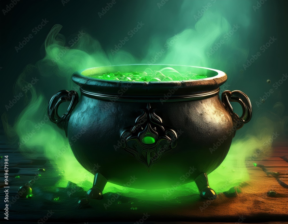 Cauldron filled with bubbling green liquid sits on a wooden surface shrouded in emerald smoke Cauldron filled with bubbling green liquid sits on a wooden surface shrouded in emerald smoke