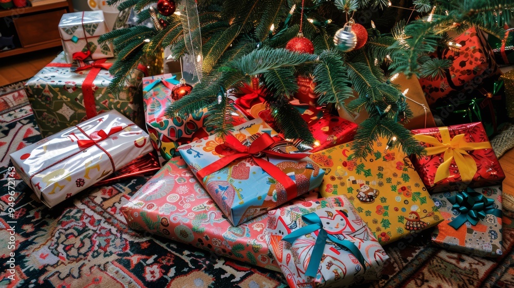 Festive Pile of Christmas Gifts Under a Tree with Colorful Wrapping Paper and Festive Bows Festive Pile of Christmas Gifts Under a Tree with Colorful Wrapping Paper and Festive Bows