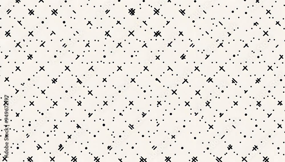 Fototapeta premium Repeating patterns of small, simple shapes like dots, crosses, or lines, spaced out across a solid background